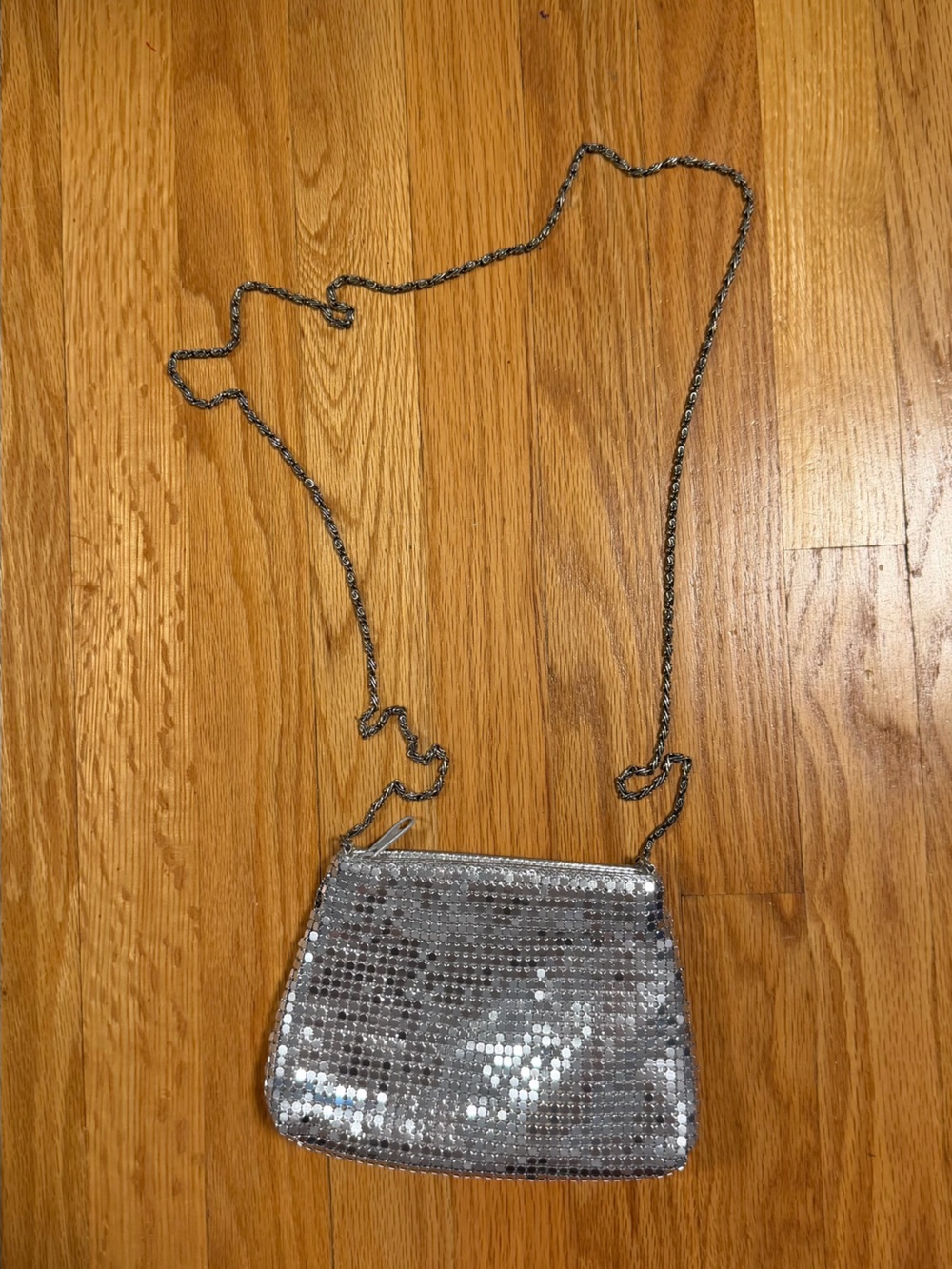 Silver sequin clutch purse with chain strap